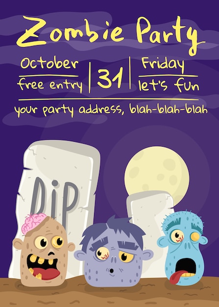 Download Premium Vector Halloween Zombie Party Poster With Monster Heads