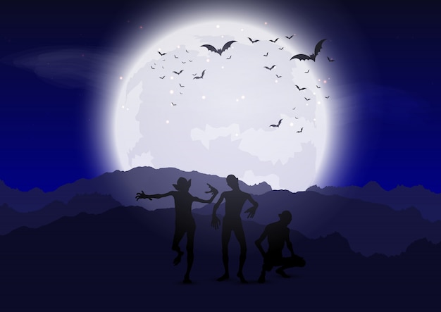 Halloween zombies against moonlit sky