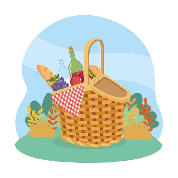 Free Vector | Hamper with bread and wine bottle with grapes and hamburger