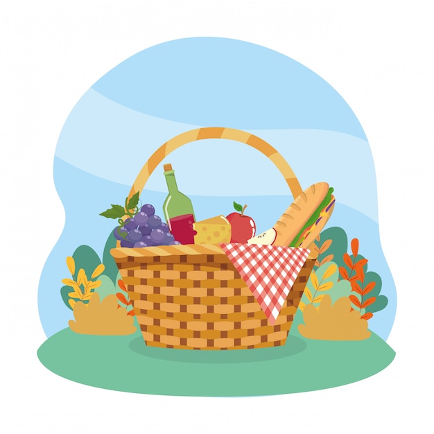 Free Vector | Hamper with grapes and wine bottle with sandwinch