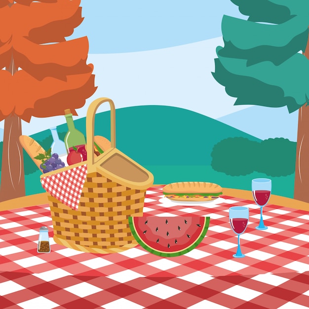 Hamper with milk and wine bottle with bread Free Vector