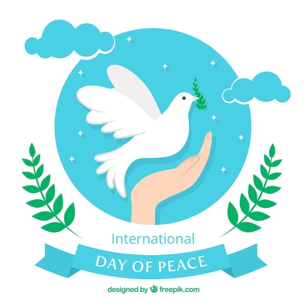 Free Vector Hand Background With Dove Of Peace In The Sky