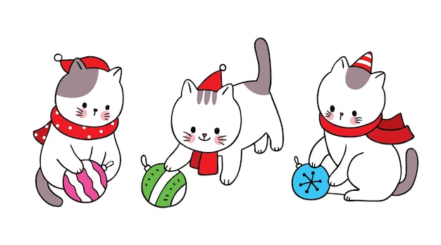 Premium Vector | Hand draw cartoon cute merry christmas, cat playing