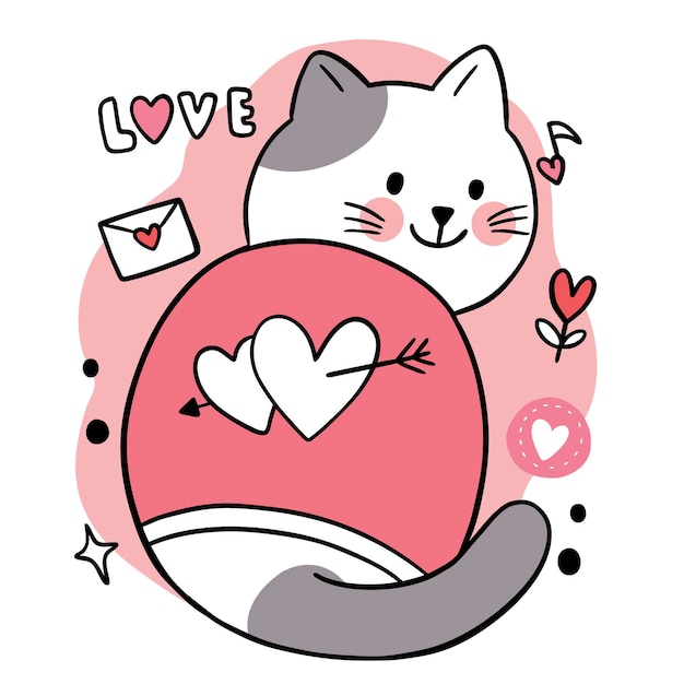 Premium Vector Hand Draw Cartoon Cute For Valentine Day With Doodle Cat And Hearts Vector 9099