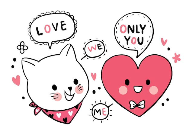 Premium Vector Hand Draw Cartoon Cute Valentines Day Cat And Big Heart 0977