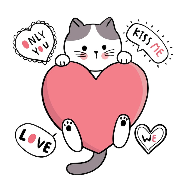 Premium Vector Hand Draw Cartoon Cute Valentines Day Cat And Big Heart 6715