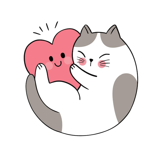 Premium Vector Hand Draw Cartoon Cute Valentine S Day Cat Hugging Big Heart