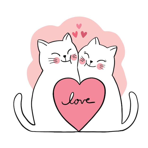 Premium Vector Hand Draw Cartoon Cute Valentine S Day Couple Cats And Big Heart Valentine day drawings free vector. freepik