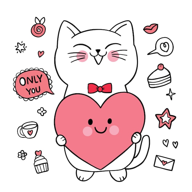 Premium Vector | Hand draw cartoon cute valentine's day, white cat and ...