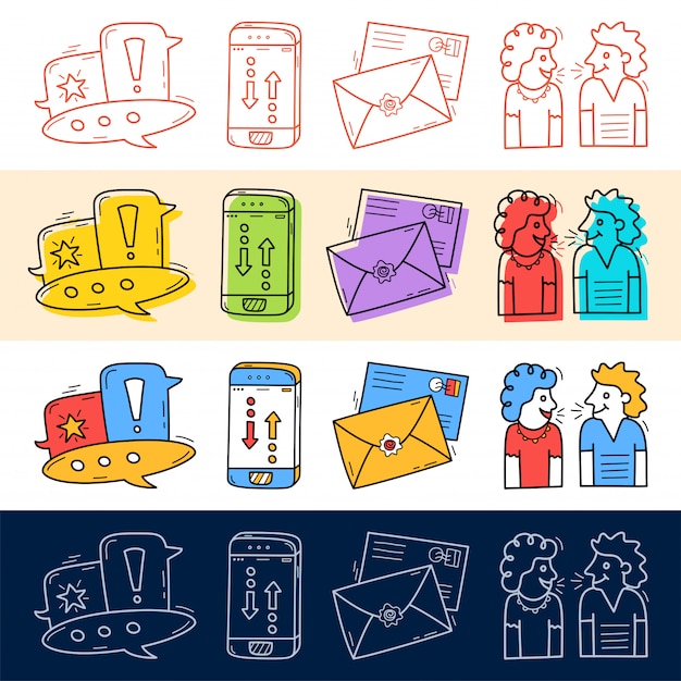 Hand draw chat, talk, phone, mail icon set in doodle style for your design. Premium Vector