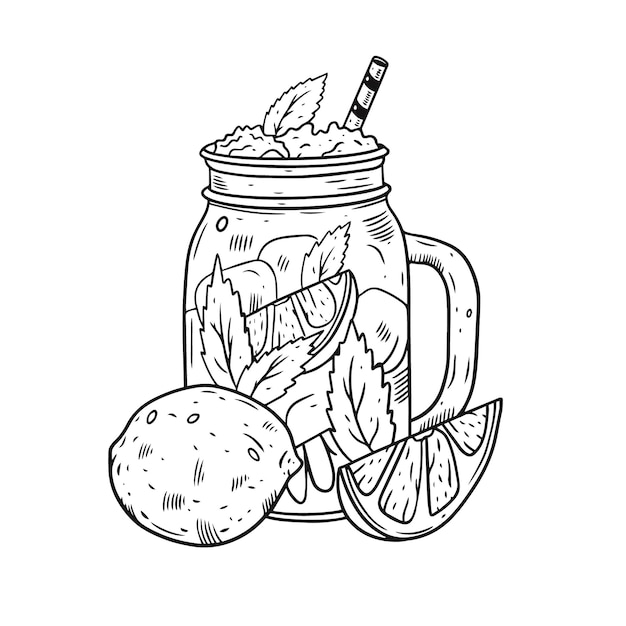 Premium Vector | Hand draw cocktail in jar with lemon. black color ...