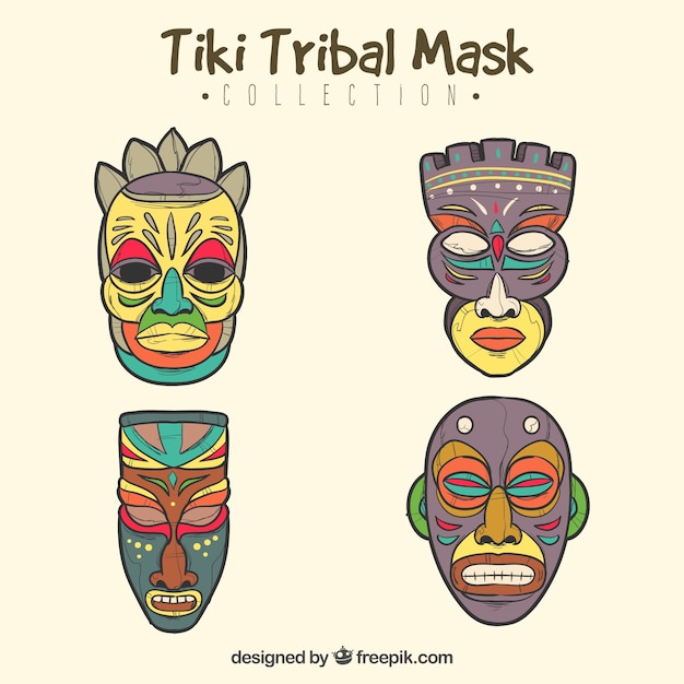 Hand draw pack of exotic tribal masks Vector Free Download