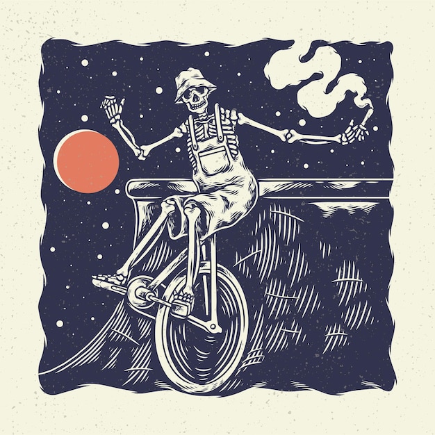 手描きイラストスケルトンスカル 一輪自転車に乗るスケルトンサーカスのコンセプト プレミアムベクター