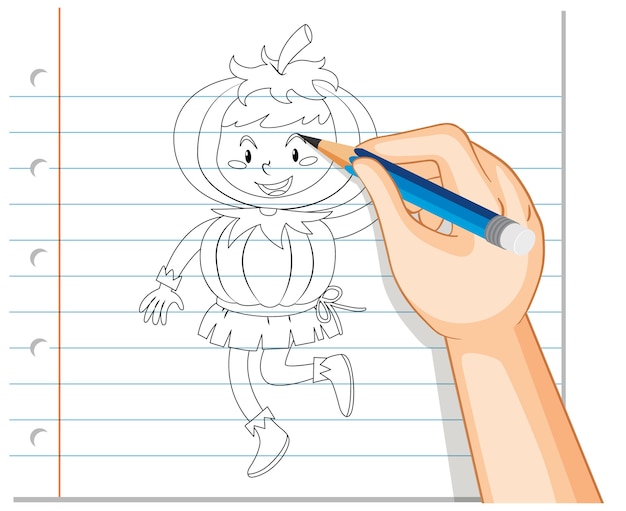 Free Vector Hand Drawing Of Kid Wearing Pumpkin Costume Outline