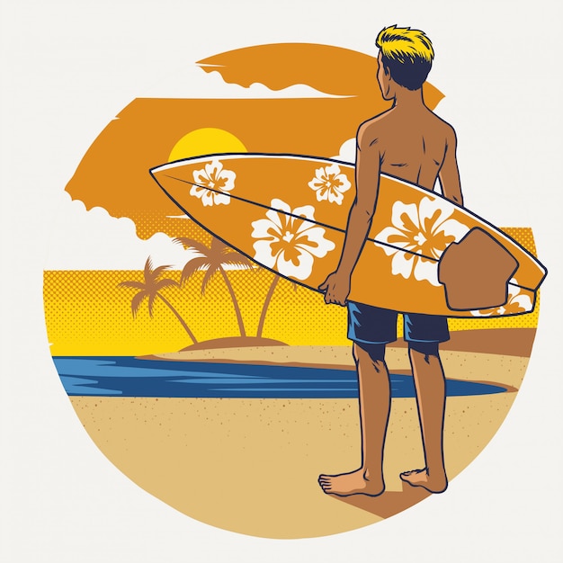 Hand drawing surfer with the surfboard Premium Vector