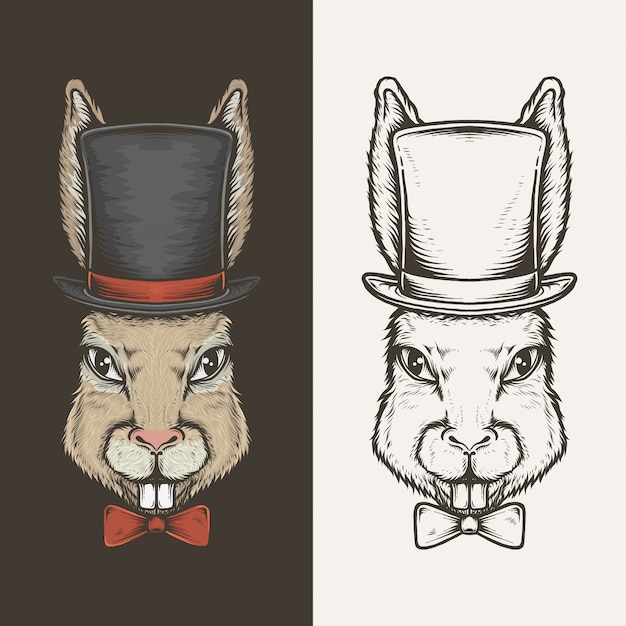 Hand drawing vintage rabbit with top hat vector ...