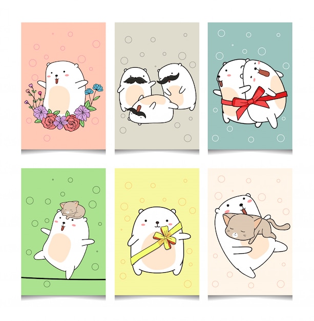 Premium Vector | Hand drawn 6 greeting card kawaii white bear character