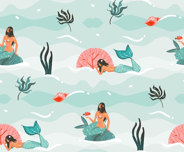 手描きの抽象的な漫画グラフィック夏時間水中イラストクラゲ 魚 人魚の女の子の文字が青色の背景に分離されたシームレスなパターン プレミアムベクター