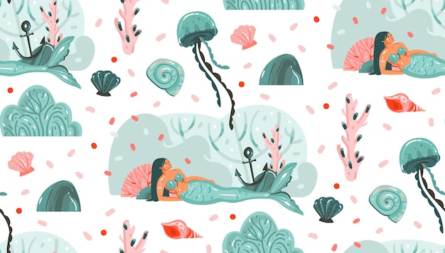 手描きの抽象的な漫画グラフィック夏時間水中イラストクラゲ 魚 人魚の女の子キャラクターが白い背景で隔離のシームレスパターン プレミアムベクター