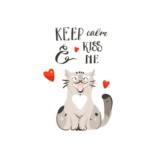 手描きの抽象的な漫画幸せなバレンタインデーコンセプトイラストカードかわいい猫 心と手書きのモダンなインク書道落ち着いて保つし 白い背景に私にキス プレミアムベクター