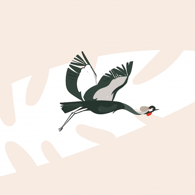 パステルカラーの背景に鶴の鳥が飛んで手描き漫画抽象的なアフリカサファリ自然コンセプトイラストアート プレミアムベクター