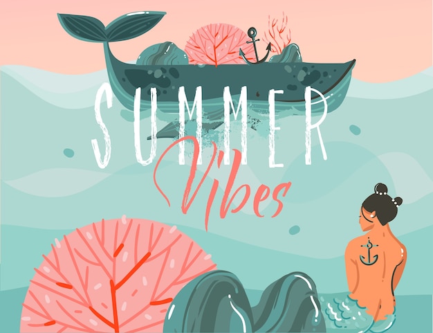 手描きの抽象的な漫画夏時間グラフィックイラストアートの背景に海のビーチの風景 大きなクジラ 日没のシーン 人魚の女の子 プレミアムベクター
