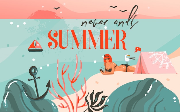 手描きの抽象的な漫画夏時間グラフィックイラストアートの背景に海のビーチの風景 ピンクの夕日 キャンプテント ビーチのシーンで女の子と夏はタイポグラフィを終了しません プレミアムベクター