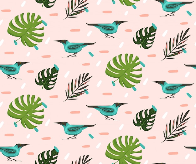 手描き抽象漫画夏時間グラフィックイラストエキゾチックな熱帯のヤシと芸術的なシームレスパターンの葉ピンクのパステル調の背景に緑のハニークリーパー鳥 プレミアムベクター