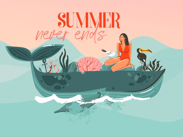 手描き抽象漫画夏時間グラフィックイラストテンプレートカードの女の子 青い波にクジラとモダンなタイポグラフィ夏はピンクの夕日を背景に終わることはありません プレミアムベクター
