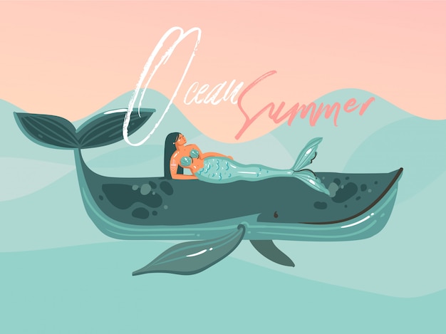 手描き抽象漫画夏時間グラフィックイラストテンプレートカード人魚の女の子 青い波にクジラとピンクの夕日を背景に分離されたモダンなタイポグラフィ海夏 プレミアムベクター