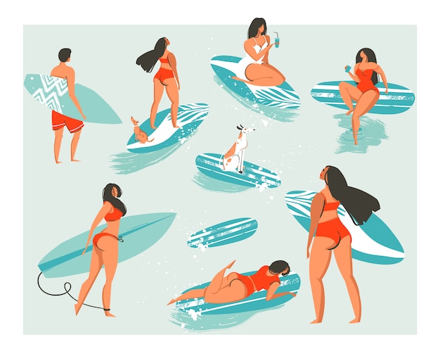手は 海や海でサーフィン水着でかわいい面白い人々の抽象的なコレクションを描いた 白い背景で隔離のサーフボードとビーチウェアで幸せなサーファーのバンドル プレミアムベクター