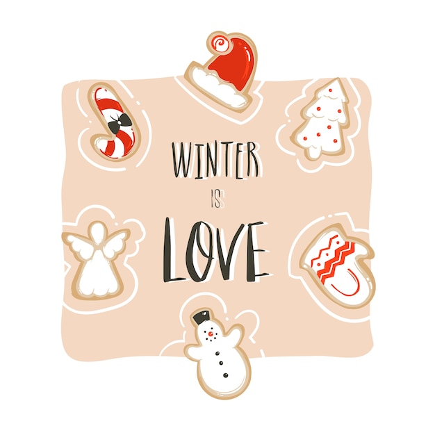 かわいいイラスト ジンジャーブレッドクッキー 手書きのモダンな書道の手描きの抽象的な楽しいメリークリスマス時間の漫画カードテンプレート冬は白い背景で隔離の愛です プレミアムベクター