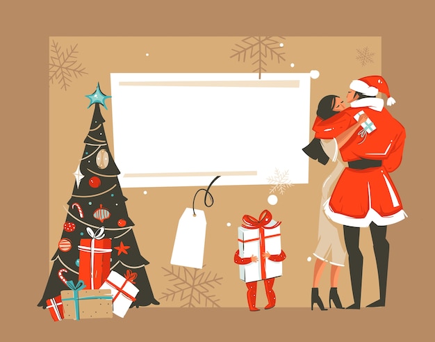 手描き抽象楽しいメリークリスマス時間漫画レトロなビンテージイラストカードのロマンチックなカップルのキスとハグ クリスマスツリーと白い背景で隔離のテキストのための場所 プレミアムベクター