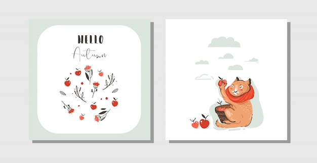 手描き抽象挨拶漫画秋カードセットかわいい猫キャラクターのテンプレートは 白い背景にモダンなタイポグラフィこんにちは秋でリンゴの収穫を収集しました プレミアムベクター