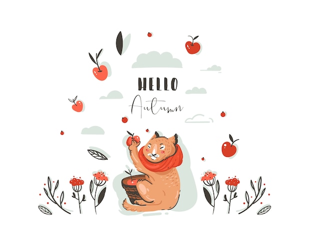 手描きの抽象的な挨拶漫画秋イラストかわいい猫のキャラクターを設定 果実 葉 枝 タイポグラフィこんにちは秋の白い背景で隔離のリンゴの収穫を収集しました プレミアムベクター