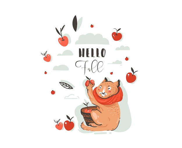 手描きの抽象的な挨拶漫画秋イラストかわいい猫のキャラクターを設定 果実 葉 枝 タイポグラフィとリンゴの収穫を収集しましたこんにちは秋の白い背景で隔離 プレミアムベクター