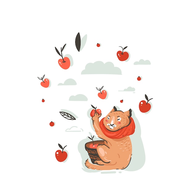 かわいい猫のキャラクターで描かれた抽象的な挨拶漫画秋イラストを手描き 果実 葉 白い背景の上の枝でリンゴの収穫を収集しました プレミアムベクター