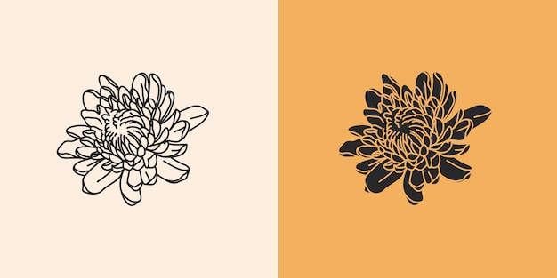 ロゴ要素セット 菊の秋の線の花とシルエット シンプルなスタイルの魔法の芸術と手描きの抽象的なストックフラットグラフィックイラスト プレミアムベクター