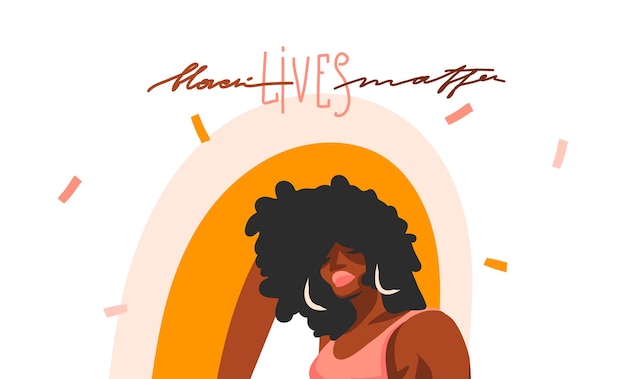 若い黒人アフロアメリカン 美女と黒人の生活の手描きの抽象的なストックグラフィックイラストは カラーコラージュの形の背景に分離された手書きのレタリングです プレミアムベクター