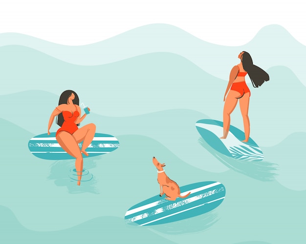 青い海の波に分離された犬と赤いビキニでサーファースイミングの女の子と手描きの抽象的な夏の時間楽しい漫画イラストポスター プレミアムベクター