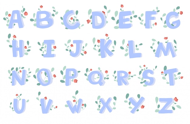 花飾り フォント 文字と手描きのアルファベット プレミアムベクター