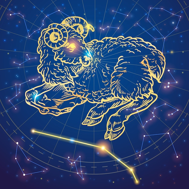 手描きの牡羊座羊の星座の星の背景に署名 プレミアムベクター