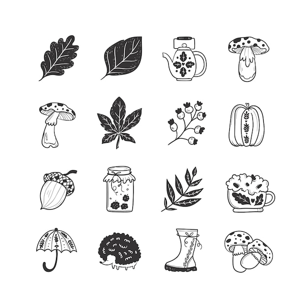 Premium Vector | Hand drawn autumn doodle colorless illustrations set ...