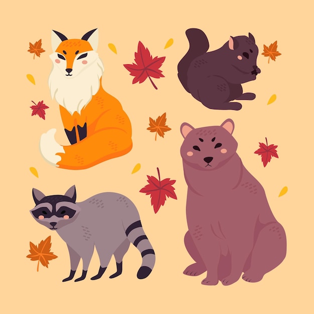 手描きの秋の森の動物コレクション 無料のベクター