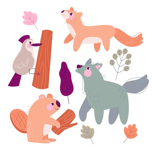 無料のベクター 手描きの秋の森の動物イラスト
