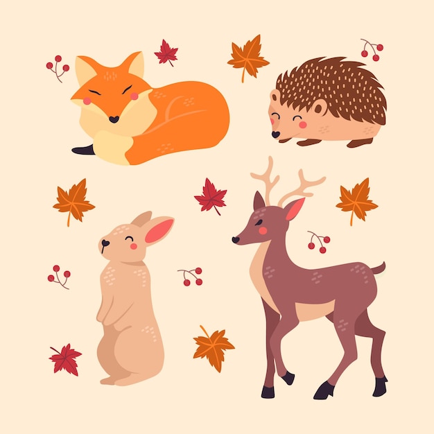 手描きの秋の森の動物セット 無料のベクター