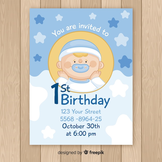 Download Hand drawn baby boy first birthday card Vector | Free Download