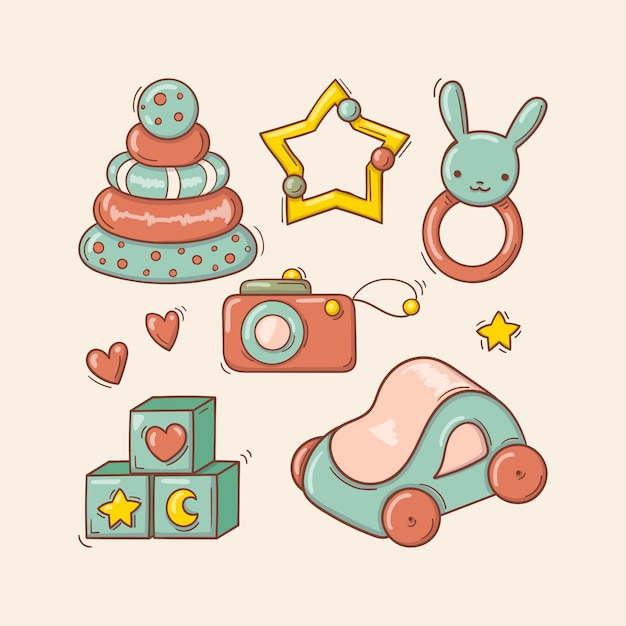 Premium Vector Hand drawn baby colorful toys in doodle style