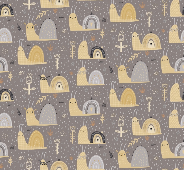 Hand drawn baby seamless pattern with cute snails. Premium Vector
