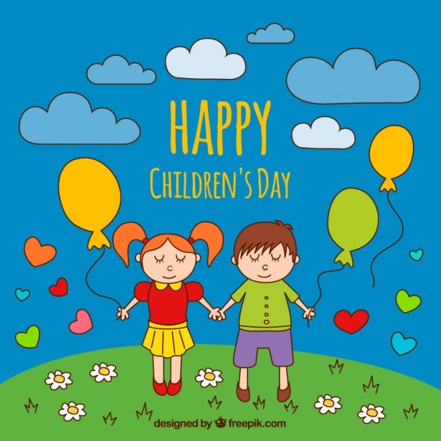 Hand-drawn Background With Children Holding Balloons Vector | Free Download